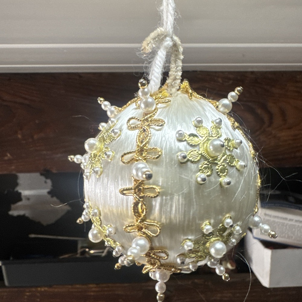 Vintage Ivory Satin‎ Gold Sequin Pearl Beaded Ornate Christmas Ornament